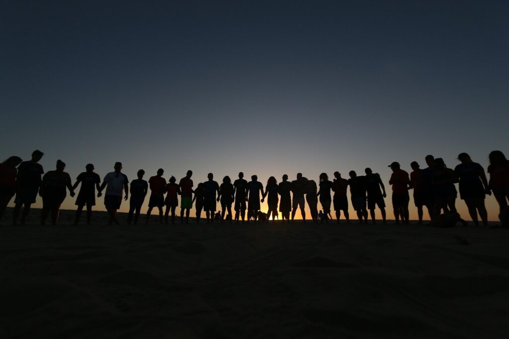 Picture of a group of people standing in a line together, holding hands, in front of sunset. 
