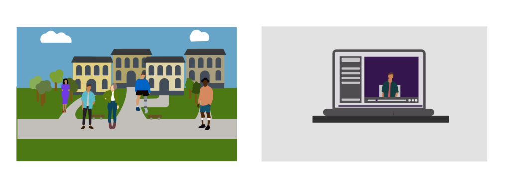 On the left is a graphic of a variety of people with disabilities outside of a set of buildings. On the right is a graphic of laptop with a person sitting in a chair on the screen, as if they are in a video.